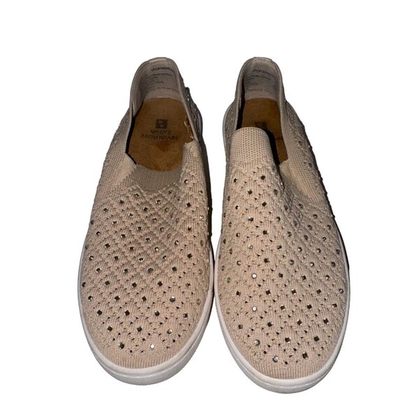 White Mountain Shoes - White Mountain Womens Pull-On Sneakers 7M Beige Bling Knit Stretch Modern Casual